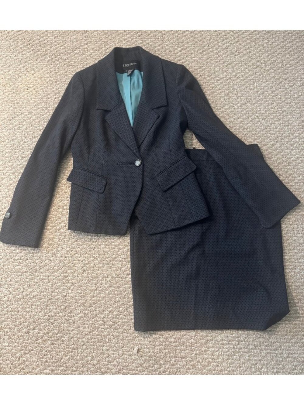 Etcetera Navy Jacquard Skirt Suit with Peplum Blazer and Pencil Skirt